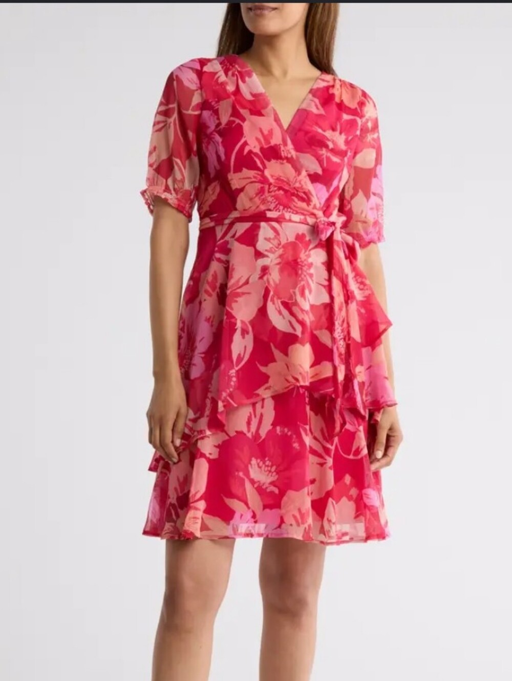 Tahari ASL Size 12 Pink Floral Chiffon Wrap Dress Ruffle Belted $129 Party
